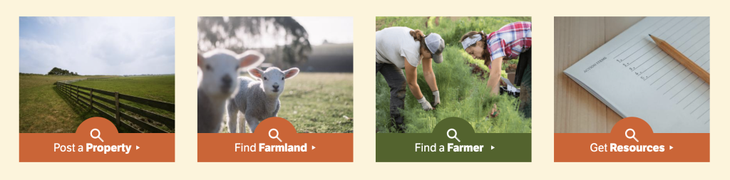 Teaser of the new homepage buttons on the New England Farmland Finder upgrade which read "Post a Property" "Find Farmland" "Find a Farmer" and "Get Resources"